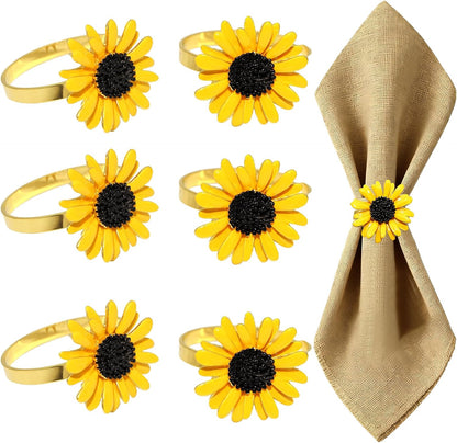 Sunflower Napkin Rings Set of 6 Gold Flower Napkin Holders Ring for Spring Party Garden Wedding Brithday Gatherings Decor,Yellow Daisy Napkin Ring for Rustic Farmhouse Dining Table Setting