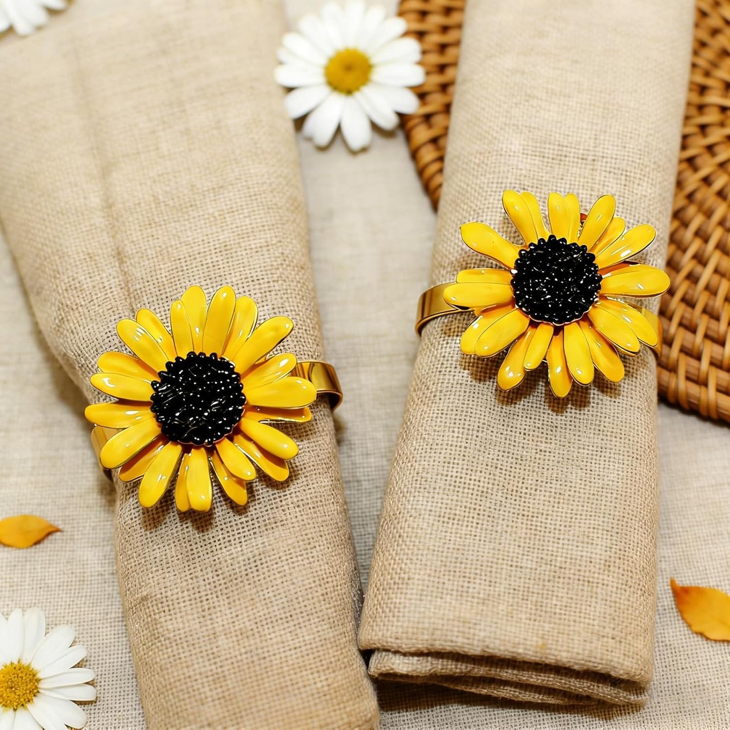 Sunflower Napkin Rings Set of 6 Gold Flower Napkin Holders Ring for Spring Party Garden Wedding Brithday Gatherings Decor,Yellow Daisy Napkin Ring for Rustic Farmhouse Dining Table Setting