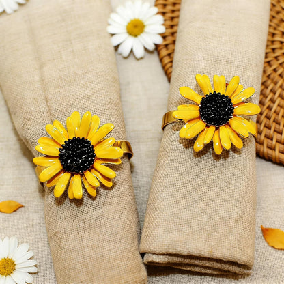 Sunflower Napkin Rings Set of 6 Gold Flower Napkin Holders Ring for Spring Party Garden Wedding Brithday Gatherings Decor,Yellow Daisy Napkin Ring for Rustic Farmhouse Dining Table Setting