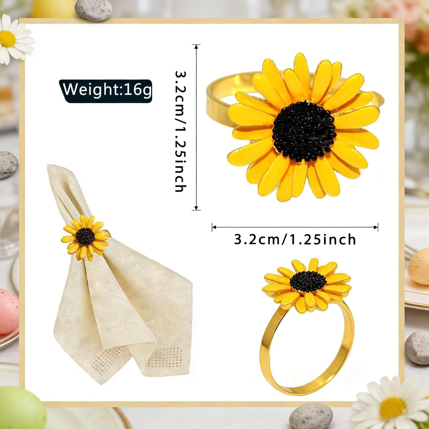 Sunflower Napkin Rings Set of 6 Gold Flower Napkin Holders Ring for Spring Party Garden Wedding Brithday Gatherings Decor,Yellow Daisy Napkin Ring for Rustic Farmhouse Dining Table Setting