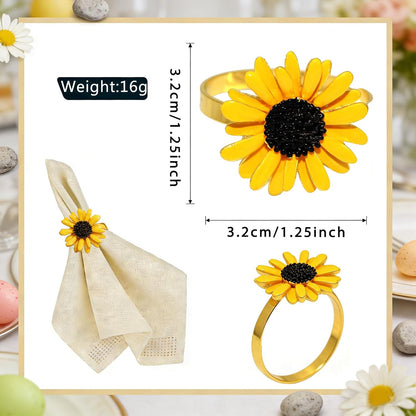 Sunflower Napkin Rings Set of 6 Gold Flower Napkin Holders Ring for Spring Party Garden Wedding Brithday Gatherings Decor,Yellow Daisy Napkin Ring for Rustic Farmhouse Dining Table Setting