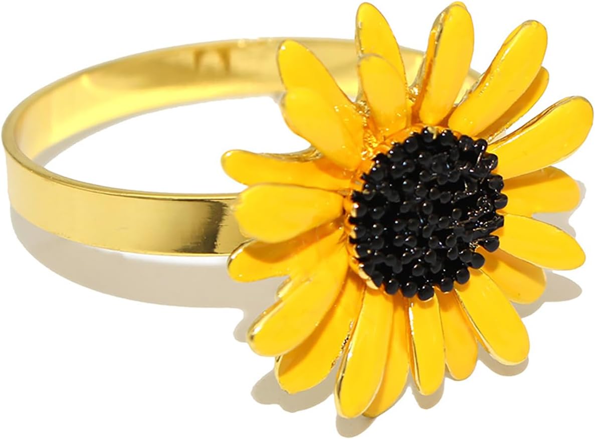 Sunflower Napkin Rings Set of 6 Gold Flower Napkin Holders Ring for Spring Party Garden Wedding Brithday Gatherings Decor,Yellow Daisy Napkin Ring for Rustic Farmhouse Dining Table Setting