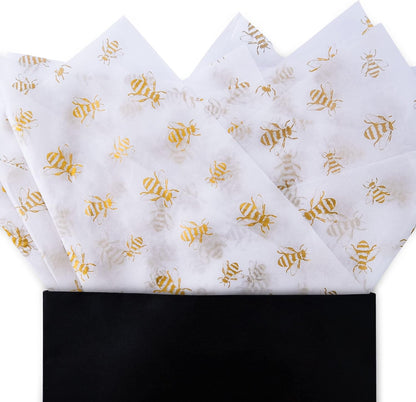 90 Sheets White with Gold Bee Tissue Paper Bulk,20" x 14",Bees Design Tissue Paper for Gift Bags,Bee-Themed Occasions