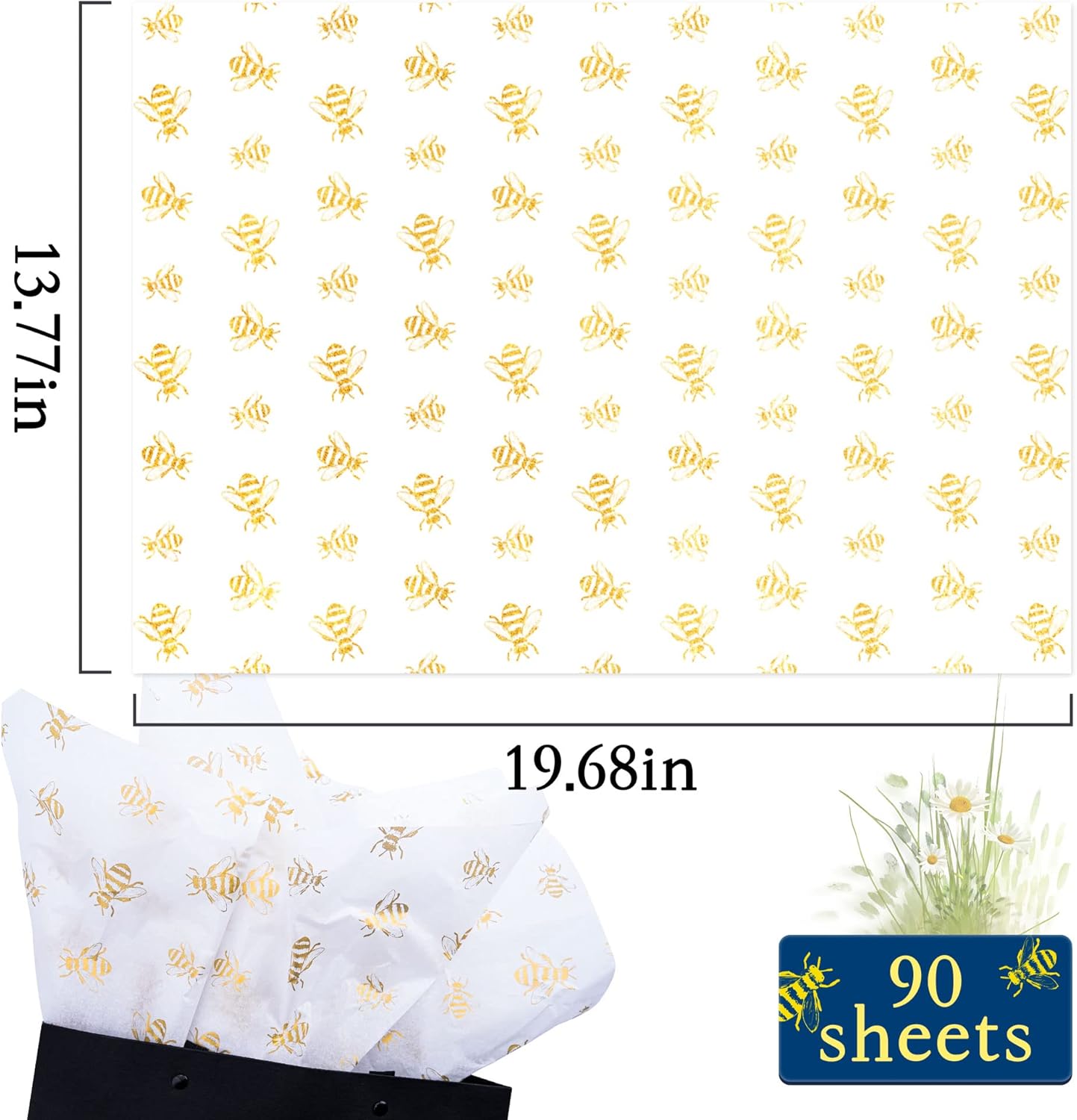 90 Sheets White with Gold Bee Tissue Paper Bulk,20" x 14",Bees Design Tissue Paper for Gift Bags,Bee-Themed Occasions