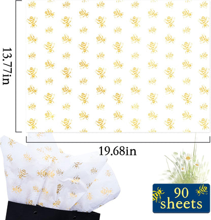 90 Sheets White with Gold Bee Tissue Paper Bulk,20" x 14",Bees Design Tissue Paper for Gift Bags,Bee-Themed Occasions