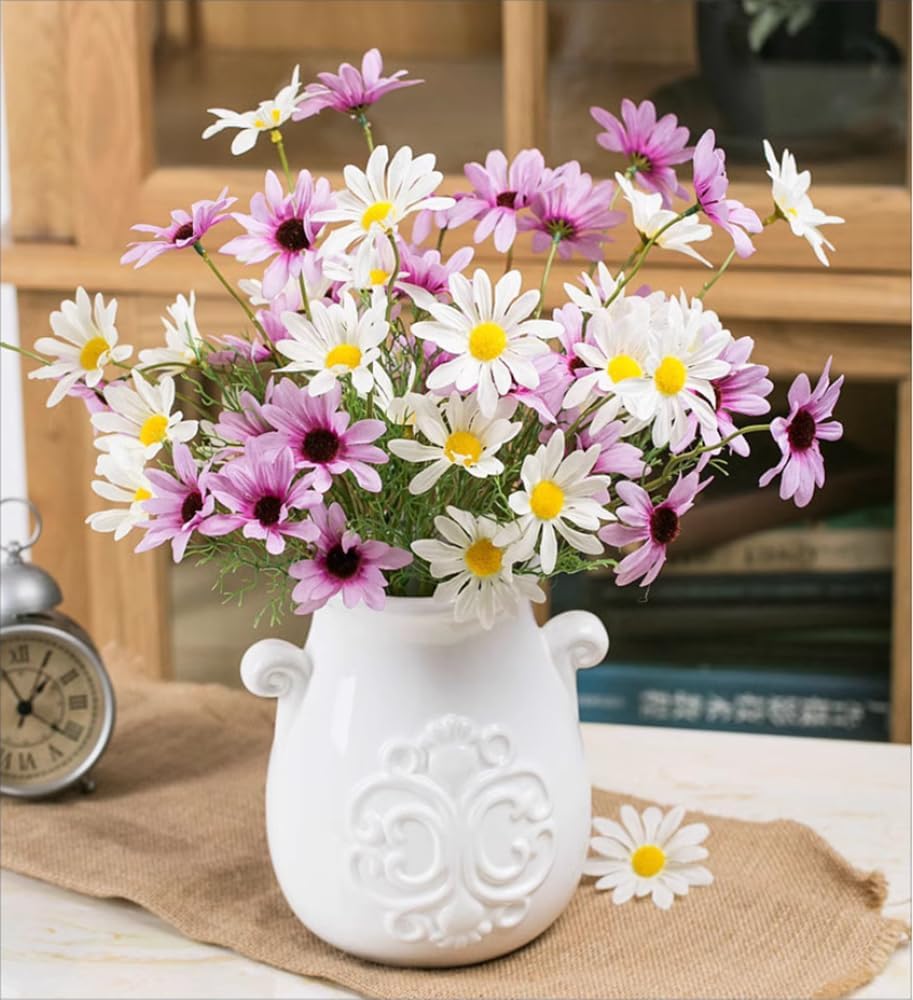 Artificial Flowers 12 Bundles Artificial Silk Daisy UV Resistant Outdoor Fake Wildflowers with Stems Daisy Arrangements for Home Hotel Office Garden Decoration (White, Yellow)