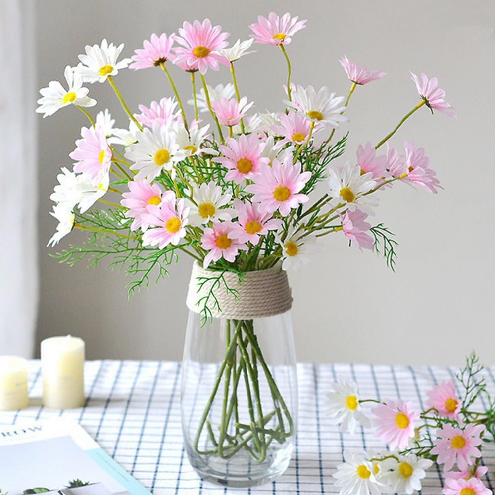 Artificial Flowers 12 Bundles Artificial Silk Daisy UV Resistant Outdoor Fake Wildflowers with Stems Daisy Arrangements for Home Hotel Office Garden Decoration (White, Yellow)