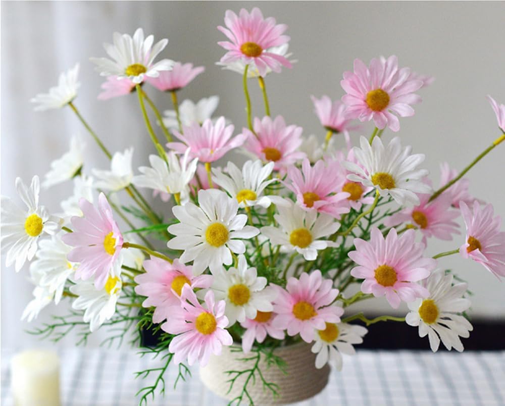 Artificial Flowers 12 Bundles Artificial Silk Daisy UV Resistant Outdoor Fake Wildflowers with Stems Daisy Arrangements for Home Hotel Office Garden Decoration (White, Yellow)