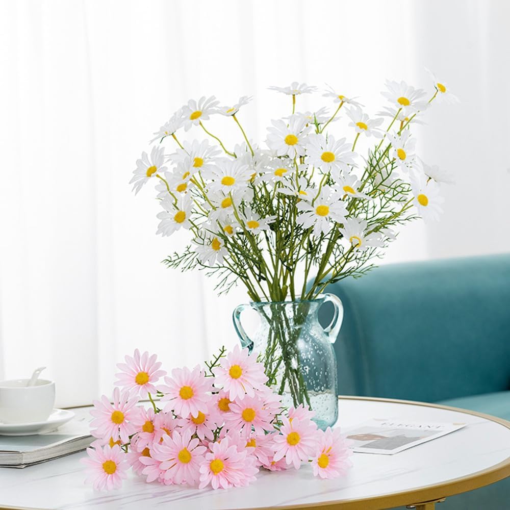 Artificial Flowers 12 Bundles Artificial Silk Daisy UV Resistant Outdoor Fake Wildflowers with Stems Daisy Arrangements for Home Hotel Office Garden Decoration (White, Yellow)