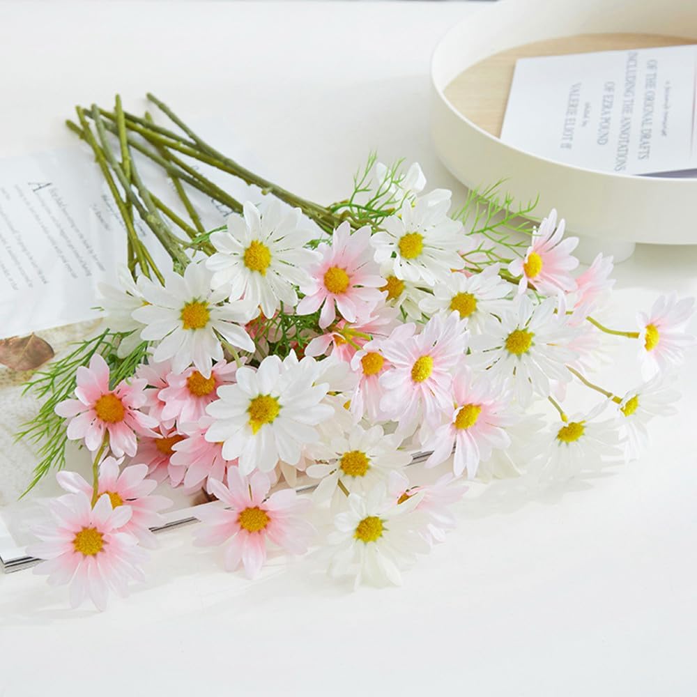 Artificial Flowers 12 Bundles Artificial Silk Daisy UV Resistant Outdoor Fake Wildflowers with Stems Daisy Arrangements for Home Hotel Office Garden Decoration (White, Yellow)