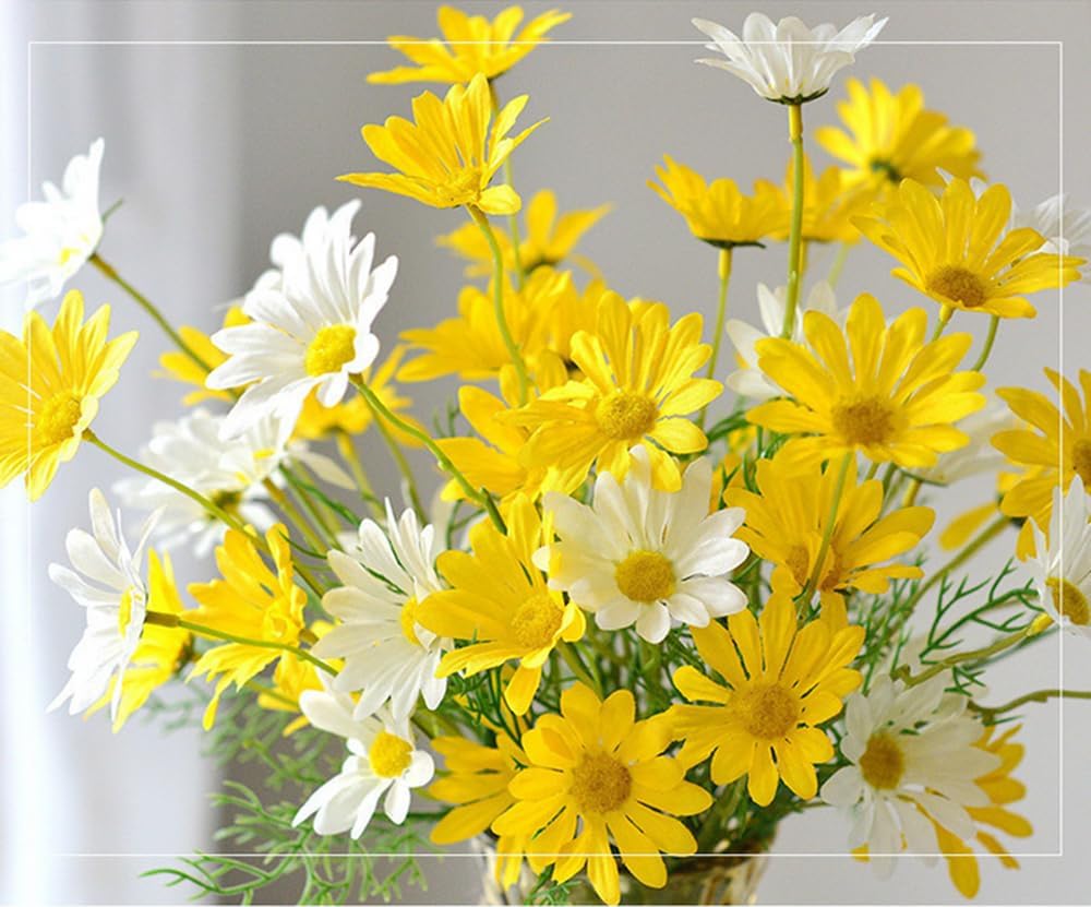 Artificial Flowers 12 Bundles Artificial Silk Daisy UV Resistant Outdoor Fake Wildflowers with Stems Daisy Arrangements for Home Hotel Office Garden Decoration (White, Yellow)