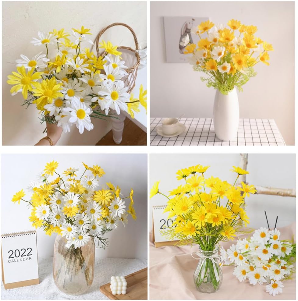 Artificial Flowers 12 Bundles Artificial Silk Daisy UV Resistant Outdoor Fake Wildflowers with Stems Daisy Arrangements for Home Hotel Office Garden Decoration (White, Yellow)