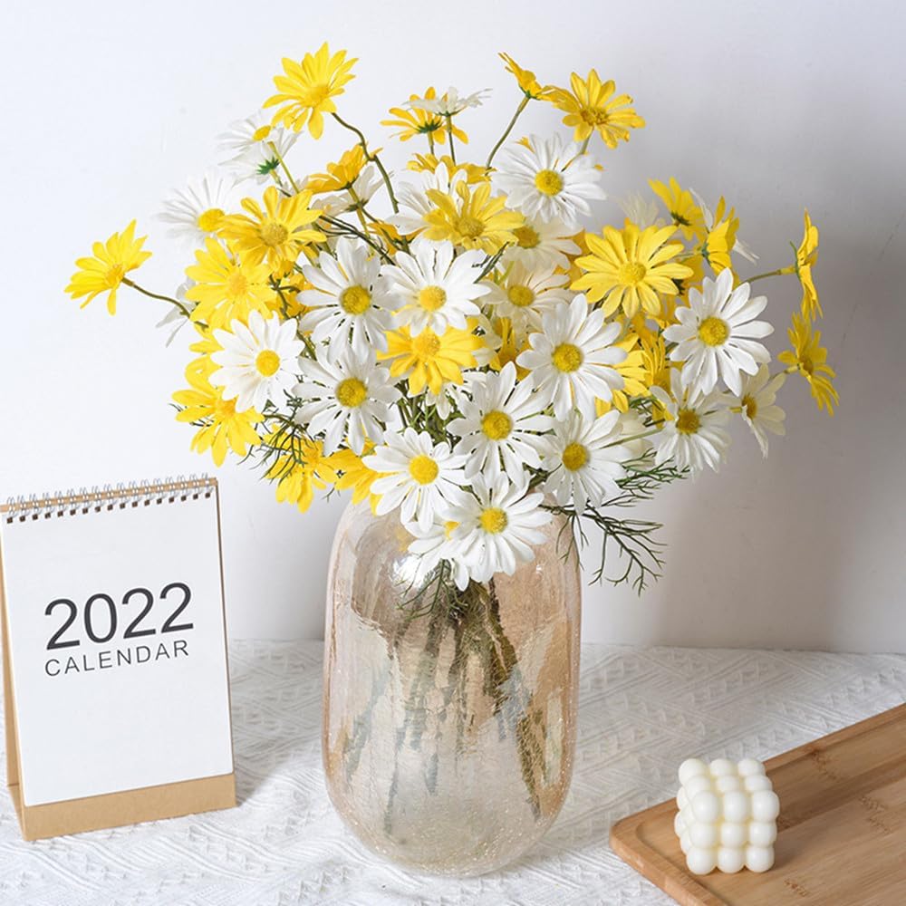 Artificial Flowers 12 Bundles Artificial Silk Daisy UV Resistant Outdoor Fake Wildflowers with Stems Daisy Arrangements for Home Hotel Office Garden Decoration (White, Yellow)