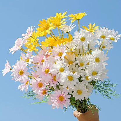 Artificial Flowers 12 Bundles Artificial Silk Daisy UV Resistant Outdoor Fake Wildflowers with Stems Daisy Arrangements for Home Hotel Office Garden Decoration (White, Yellow)
