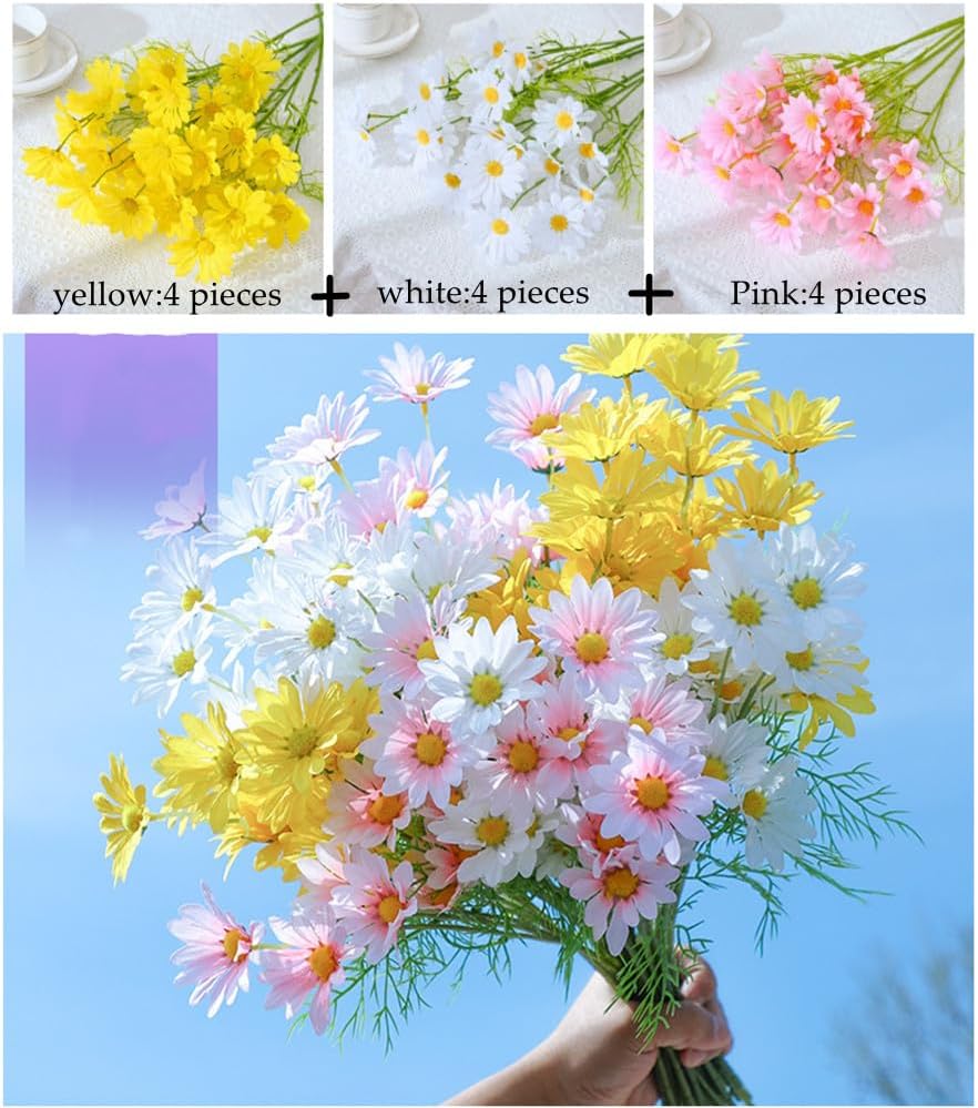 Artificial Flowers 12 Bundles Artificial Silk Daisy UV Resistant Outdoor Fake Wildflowers with Stems Daisy Arrangements for Home Hotel Office Garden Decoration (White, Yellow)