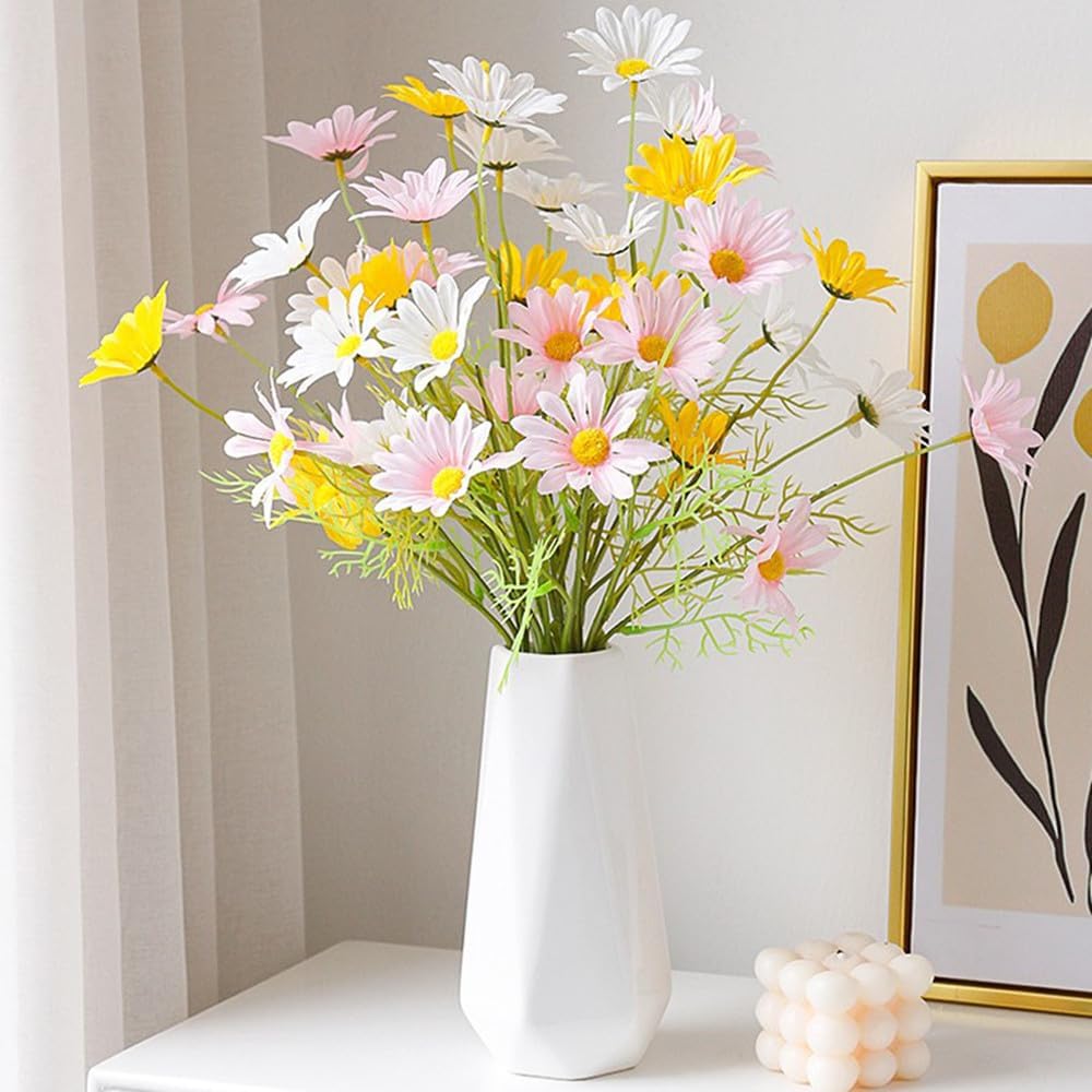 Artificial Flowers 12 Bundles Artificial Silk Daisy UV Resistant Outdoor Fake Wildflowers with Stems Daisy Arrangements for Home Hotel Office Garden Decoration (White, Yellow)