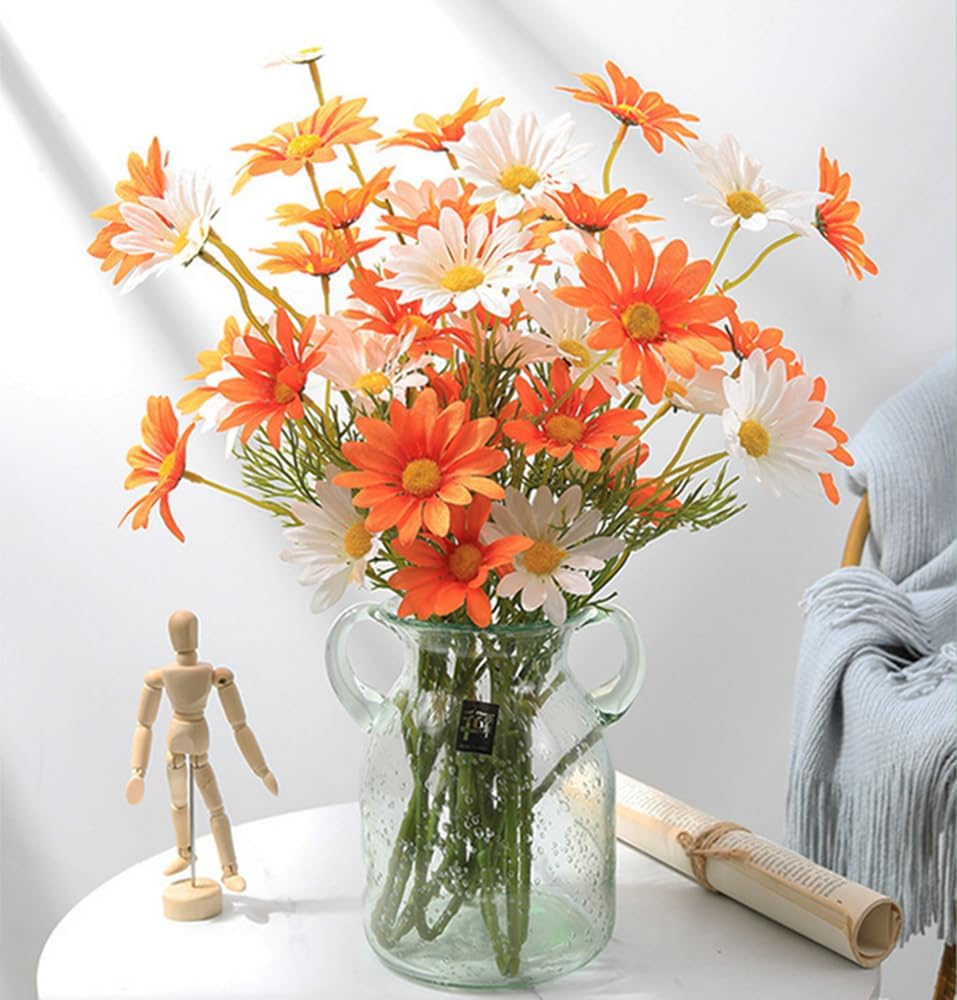 Artificial Flowers 12 Bundles Artificial Silk Daisy UV Resistant Outdoor Fake Wildflowers with Stems Daisy Arrangements for Home Hotel Office Garden Decoration (White, Yellow)