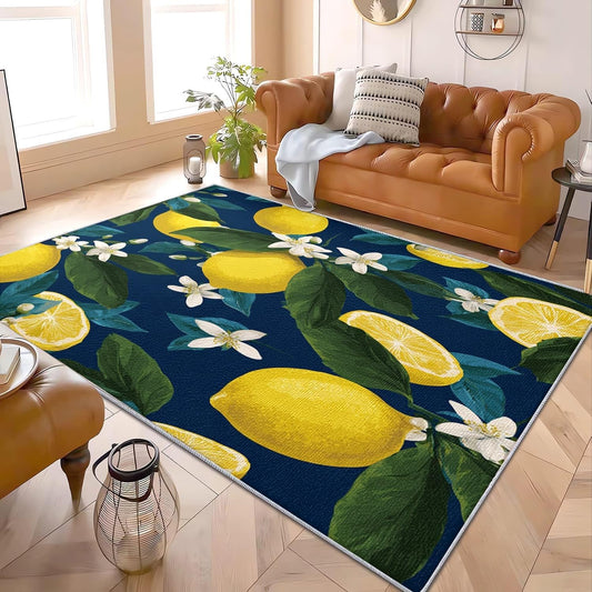 Non-Shedding Bedroom Living Room Carpet 2x3 ft 3D Lemon Theme Modern Home Decor Non-Slip Bedside Area Rugs Blue for Interior Large Easy Clean Machine Washable Rug