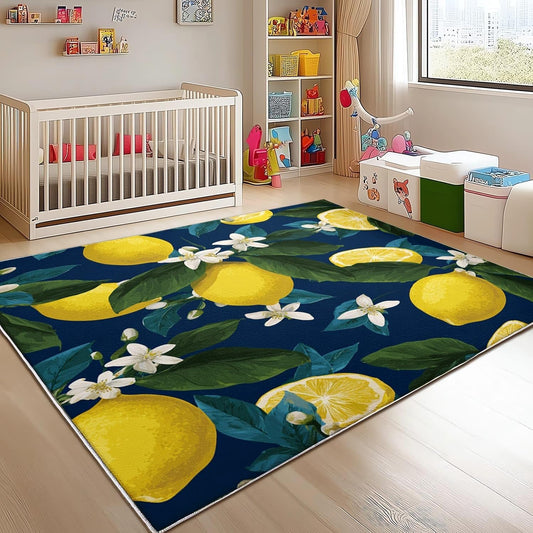 Non-Shedding Bedroom Living Room Carpet 2x3 ft 3D Lemon Theme Modern Home Decor Non-Slip Bedside Area Rugs Blue for Interior Large Easy Clean Machine Washable Rug