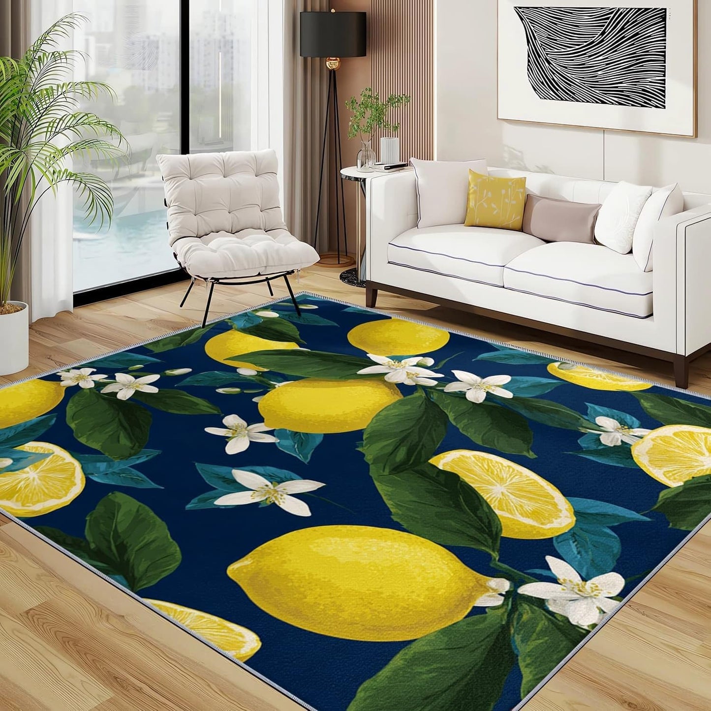 Non-Shedding Bedroom Living Room Carpet 2x3 ft 3D Lemon Theme Modern Home Decor Non-Slip Bedside Area Rugs Blue for Interior Large Easy Clean Machine Washable Rug