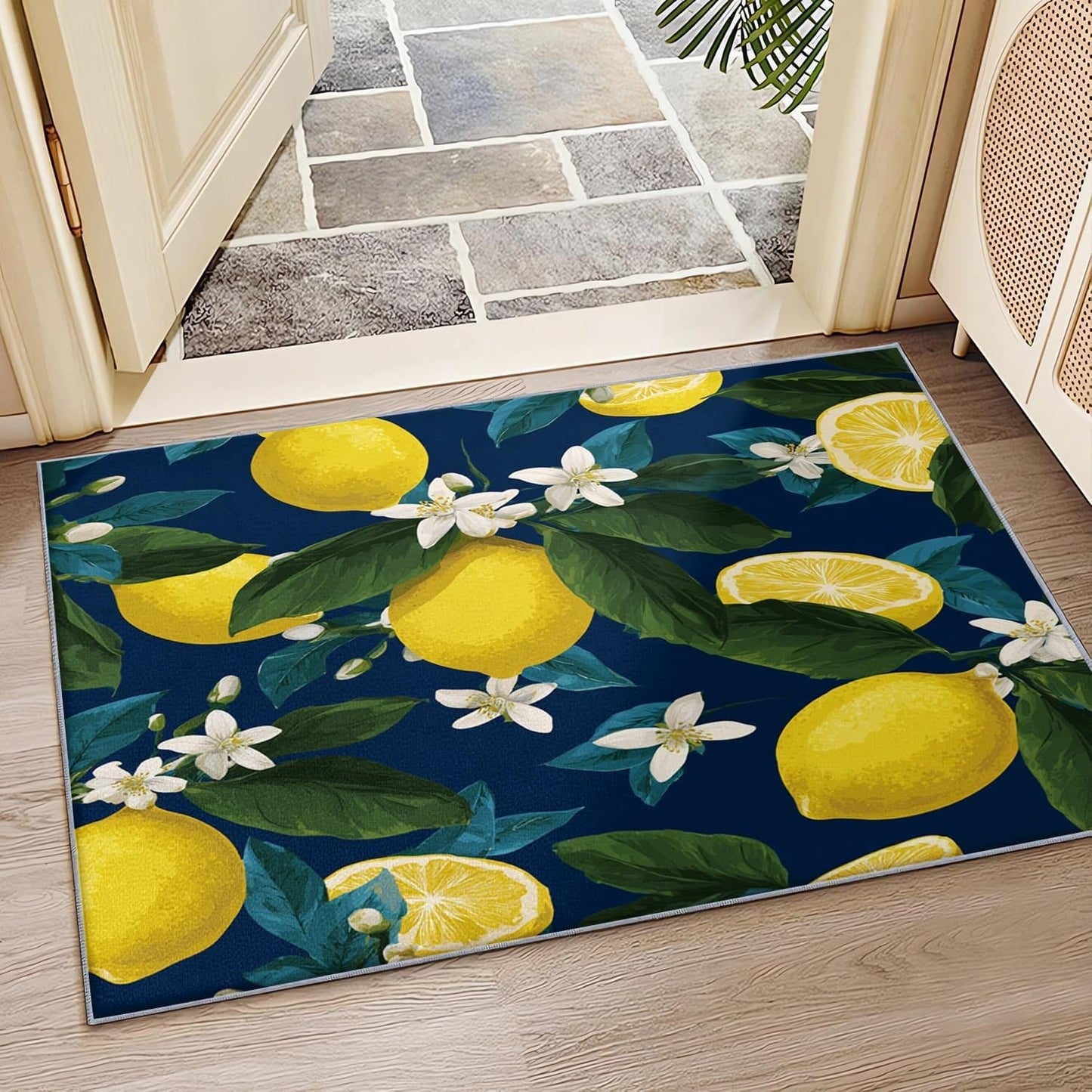 Non-Shedding Bedroom Living Room Carpet 2x3 ft 3D Lemon Theme Modern Home Decor Non-Slip Bedside Area Rugs Blue for Interior Large Easy Clean Machine Washable Rug