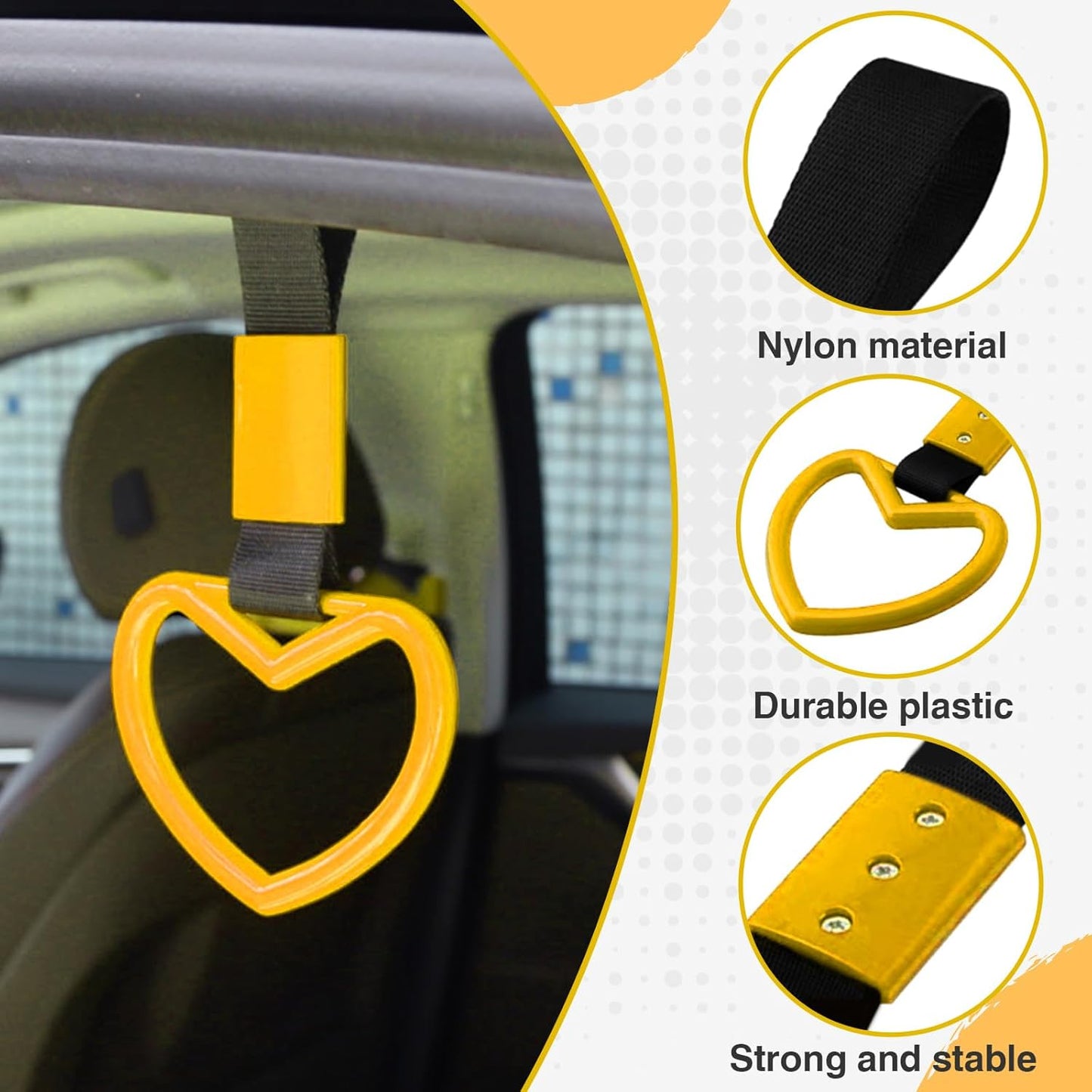 2PCS Heart Shaped Car Handle Straps, Rear Bumper Warning Keychain Ring for Car Exterior Accessories (Yellow)
