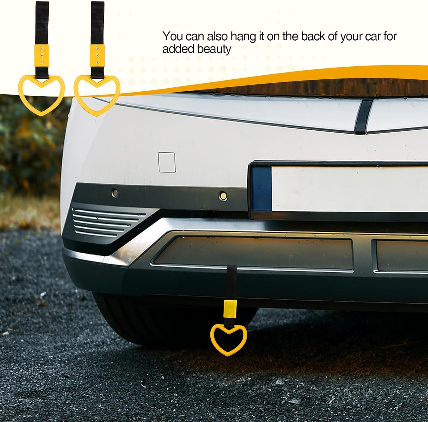 2PCS Heart Shaped Car Handle Straps, Rear Bumper Warning Keychain Ring for Car Exterior Accessories (Yellow)