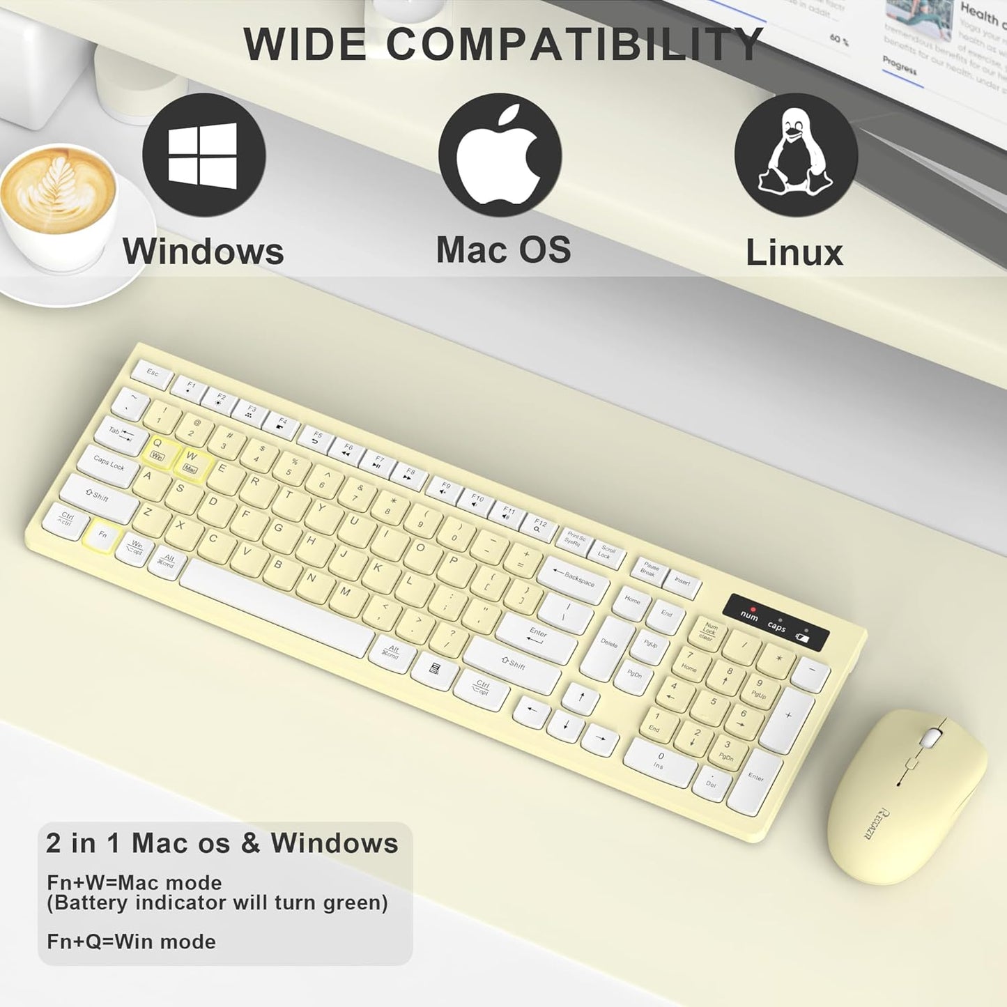 Wireless Keyboard and Mouse Combo, Full-Sized Wireless Keyboard and Adjustable DPI Mouse, 2.4GHz USB Receiver, Keyboard and Mouse for PC, Windows, Desktop, Laptop (Canary Yellow)