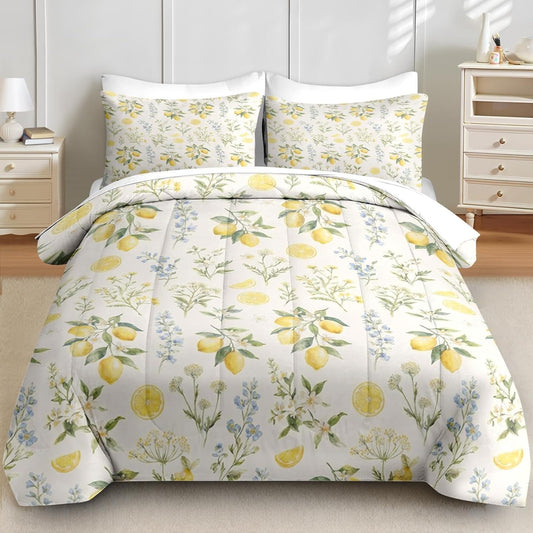 Comforter Set Queen Size, Lemon Watercolor Botanical 7 Pcs Bedding for Kids and Adults, Floral Yellow Bed Sheet Sets with Fitted Sheet 2 Pillowcases & 2 Shams for Bedroom Bed Decor