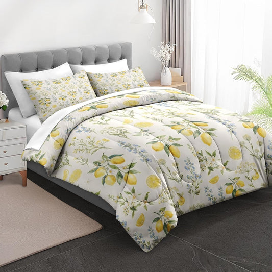 Comforter Set Queen Size, Lemon Watercolor Botanical 7 Pcs Bedding for Kids and Adults, Floral Yellow Bed Sheet Sets with Fitted Sheet 2 Pillowcases & 2 Shams for Bedroom Bed Decor