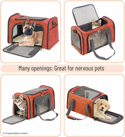 Pet Carrier, 17.5" x 11.2" x 11.5", Medium Size, Orange | Portable Travel Carrier for Small Pets, Cats & Small Dogs, Breathable Mesh, Safety Inner Leash