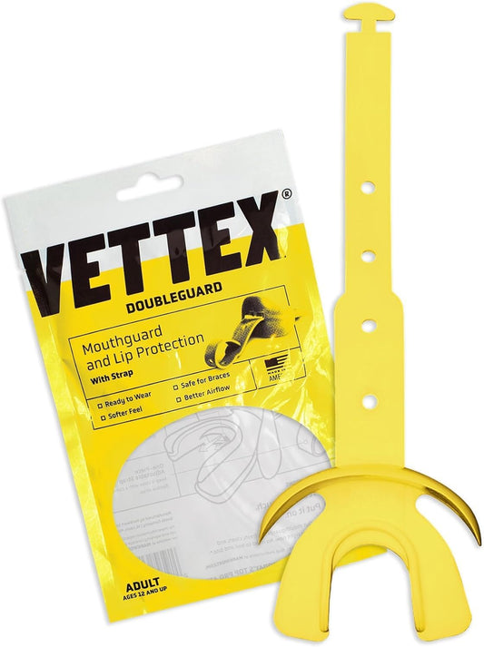 Vettex DoubleGuard Mouth Guard with Lip Protection, Yellow | Football, Lacrosse, MMA, Boxing, Adjustable Helmet Strap, Braces Friendly, 2 Breathing Channels, NCAA & NFHS Certified