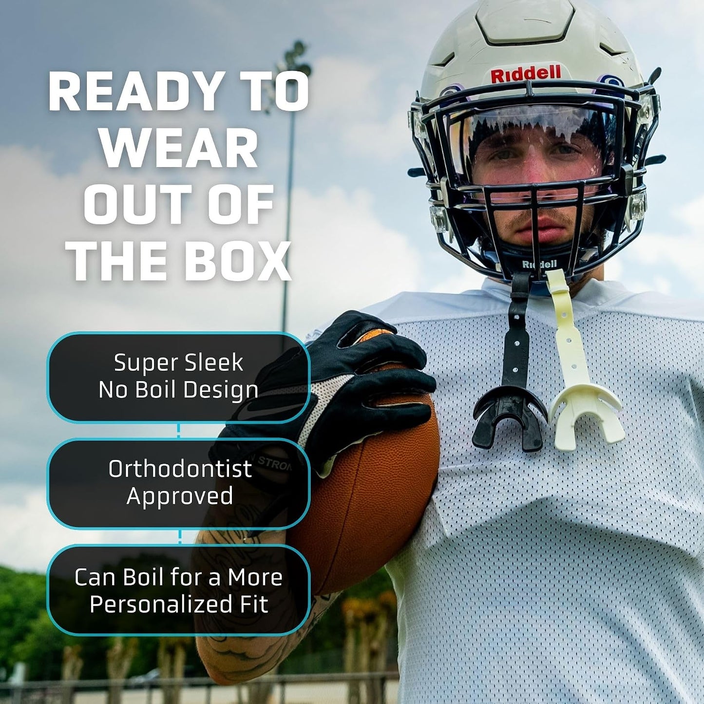 Vettex DoubleGuard Mouth Guard with Lip Protection, Yellow | Football, Lacrosse, MMA, Boxing, Adjustable Helmet Strap, Braces Friendly, 2 Breathing Channels, NCAA & NFHS Certified