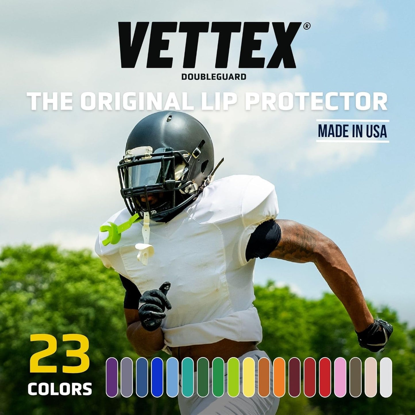 Vettex DoubleGuard Mouth Guard with Lip Protection, Yellow | Football, Lacrosse, MMA, Boxing, Adjustable Helmet Strap, Braces Friendly, 2 Breathing Channels, NCAA & NFHS Certified