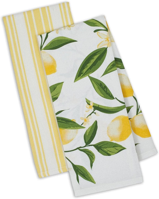 Kitchen Dish Towel Set 2 Lemon Bliss Yellow Green Lemon Print & Yellow Stripe