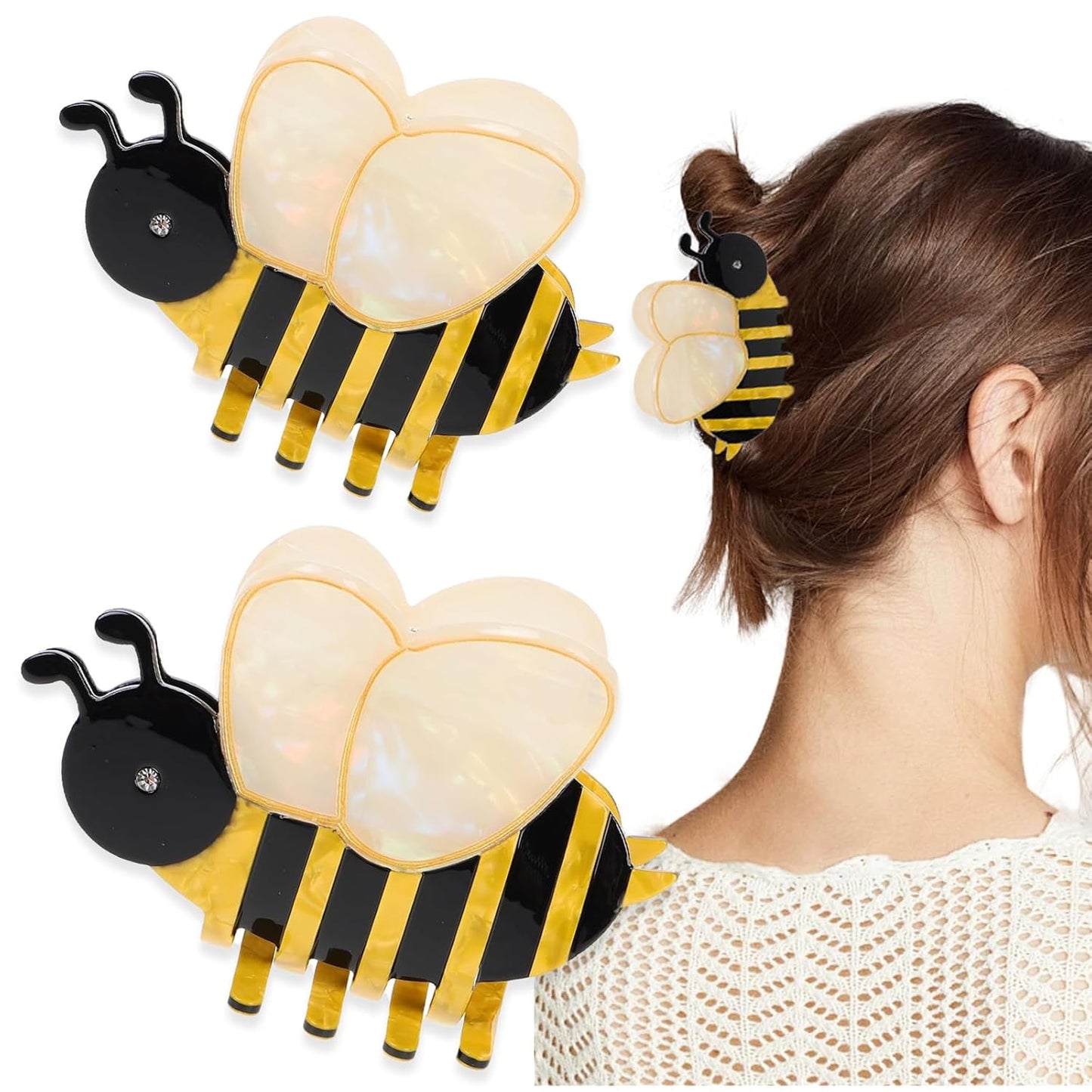 2 PCS Honeybee Hair Claw Clip Bee Hair Clip Cute Acetate Animal Headdress Fashion Anti-slip Bee Hairpin Funny Hair Accessories for Women Girls Styling Thick Hair Hairstyle Decoration（2 Sizes）