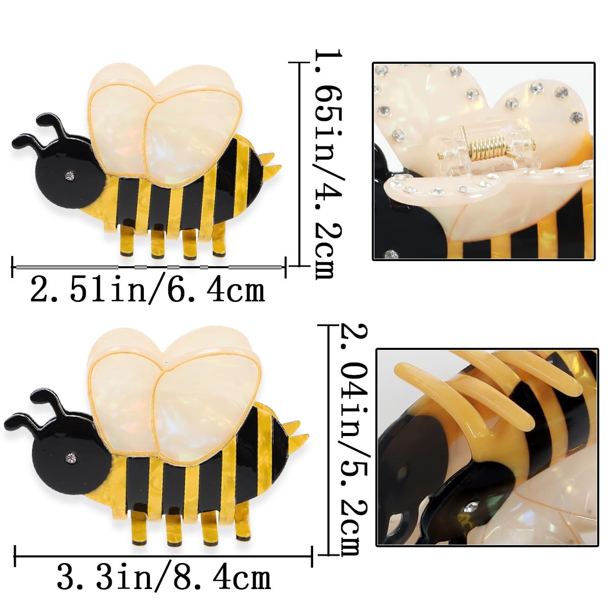 2 PCS Honeybee Hair Claw Clip Bee Hair Clip Cute Acetate Animal Headdress Fashion Anti-slip Bee Hairpin Funny Hair Accessories for Women Girls Styling Thick Hair Hairstyle Decoration（2 Sizes）
