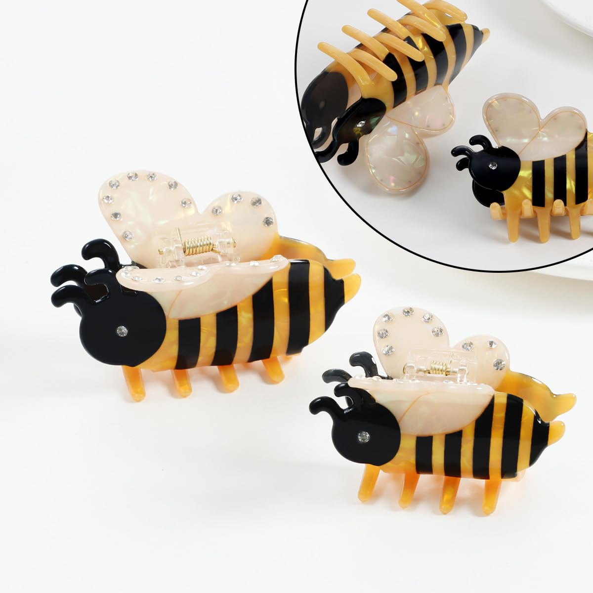 2 PCS Honeybee Hair Claw Clip Bee Hair Clip Cute Acetate Animal Headdress Fashion Anti-slip Bee Hairpin Funny Hair Accessories for Women Girls Styling Thick Hair Hairstyle Decoration（2 Sizes）