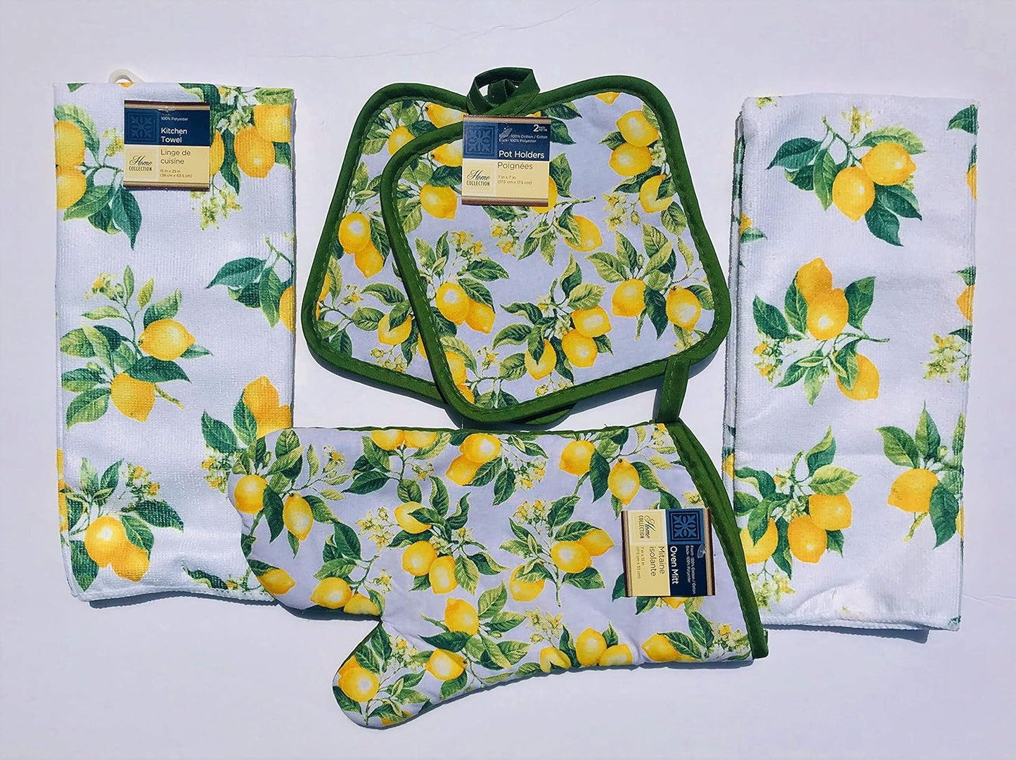Lemon Kitchen 5 Piece Towel Set - 2 Towels, 2 potholders, 1 Oven Mitt