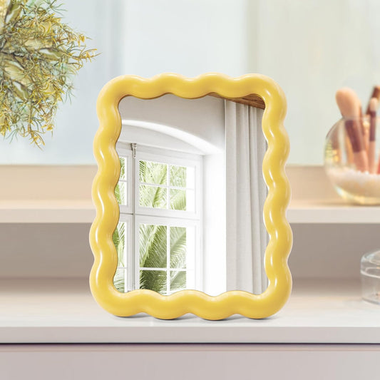 Cute Wave-Shaped Desk Vanity Makeup Mirror, Portable Folding Travel Make Up Mirror for Standing/Hanging, Home Decorations Mirror for Women Girls (1, Yellow)
