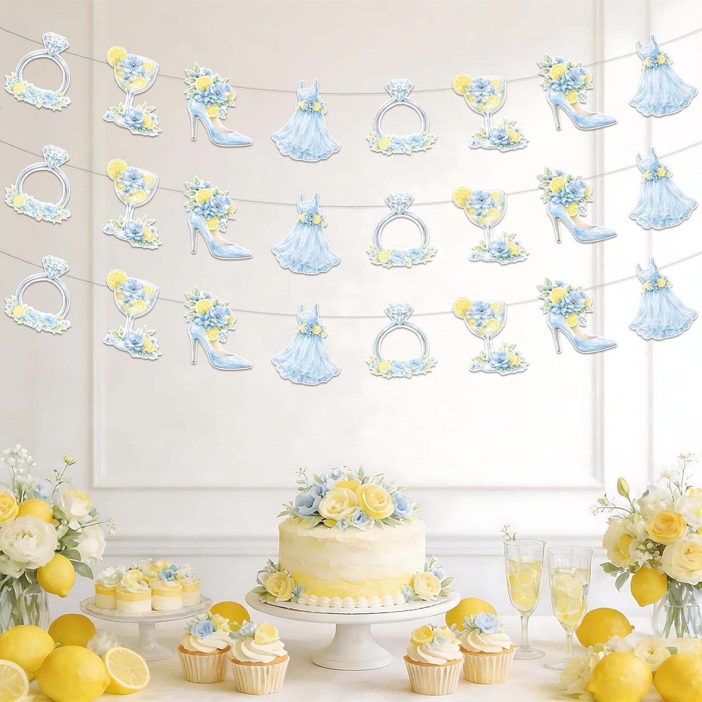 3Pcs Blue Floral Lemon Banner Garland She Found Her Main Squeeze Bridal Shower Decorations Citrus Diamond Ring Garland for Women Lemonade Bridal Shower Bachelorette Wedding Engagement Party Supplies
