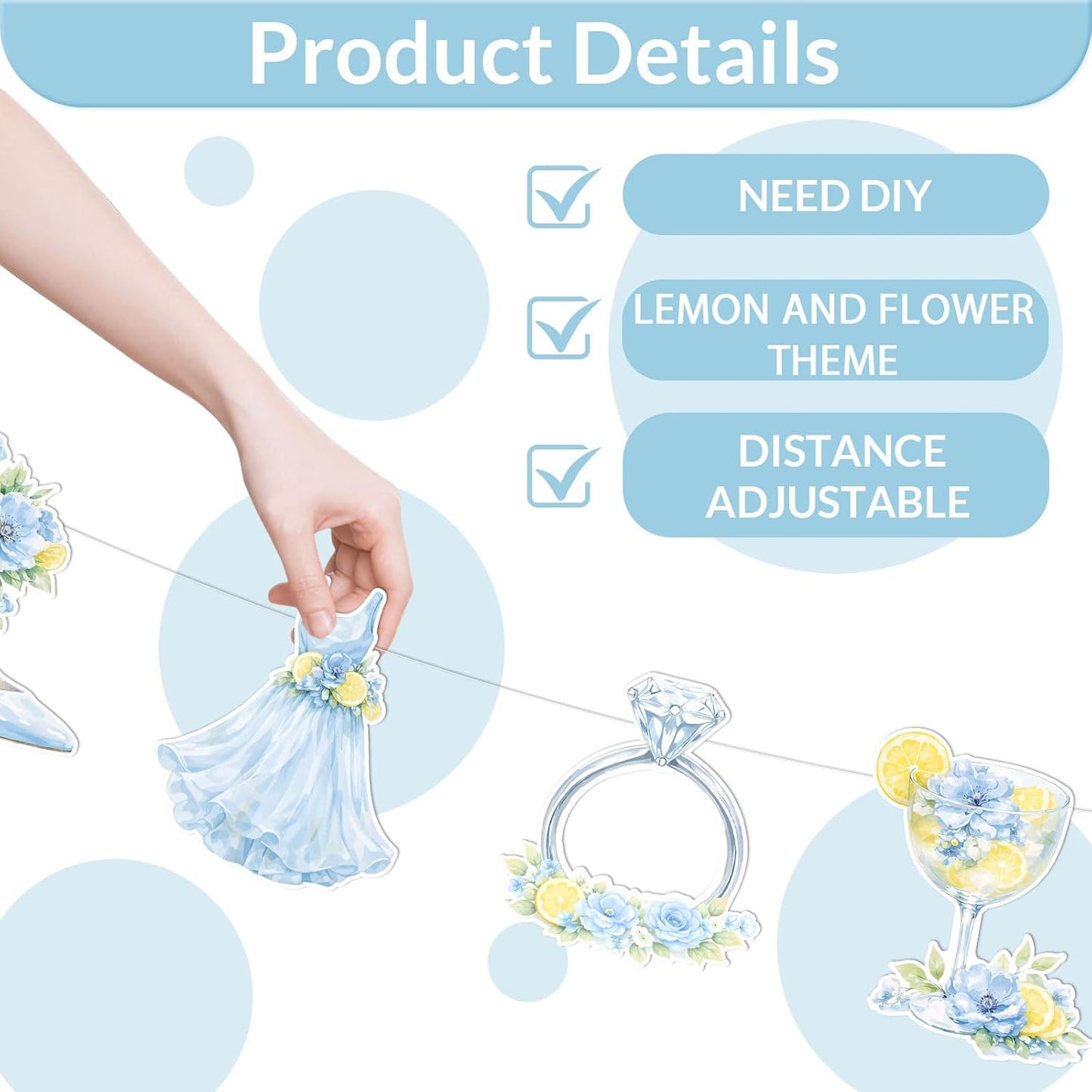 3Pcs Blue Floral Lemon Banner Garland She Found Her Main Squeeze Bridal Shower Decorations Citrus Diamond Ring Garland for Women Lemonade Bridal Shower Bachelorette Wedding Engagement Party Supplies