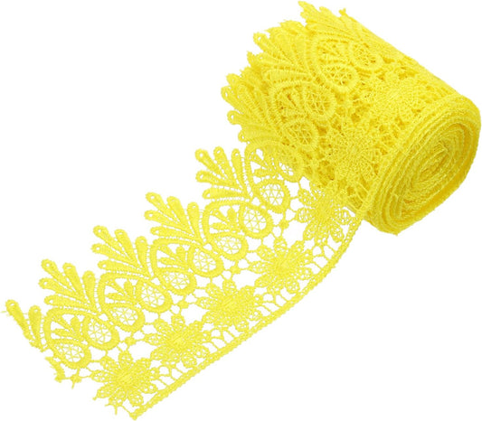 3 Inch Wide 3 Yard Lace Ribbon Floral Pattern Light Yellow Embroidered Edge Lace Trim Ribbons for Sewing Making, DIY Crafts, Gift Wrapping, Wedding Decor