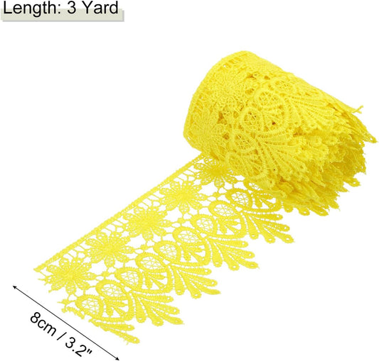 3 Inch Wide 3 Yard Lace Ribbon Floral Pattern Light Yellow Embroidered Edge Lace Trim Ribbons for Sewing Making, DIY Crafts, Gift Wrapping, Wedding Decor