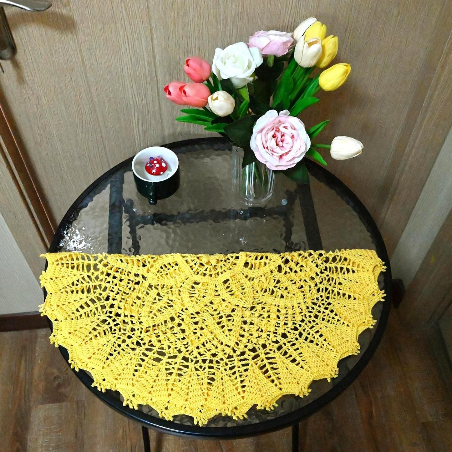 Lace Doilies Crochet Bohemia Lotus Flower Round Tablecloth 22-24 inches Placemat Table Bedroom Dresser Anniversary Mother's Day Decoration (1PC, Yellow)
