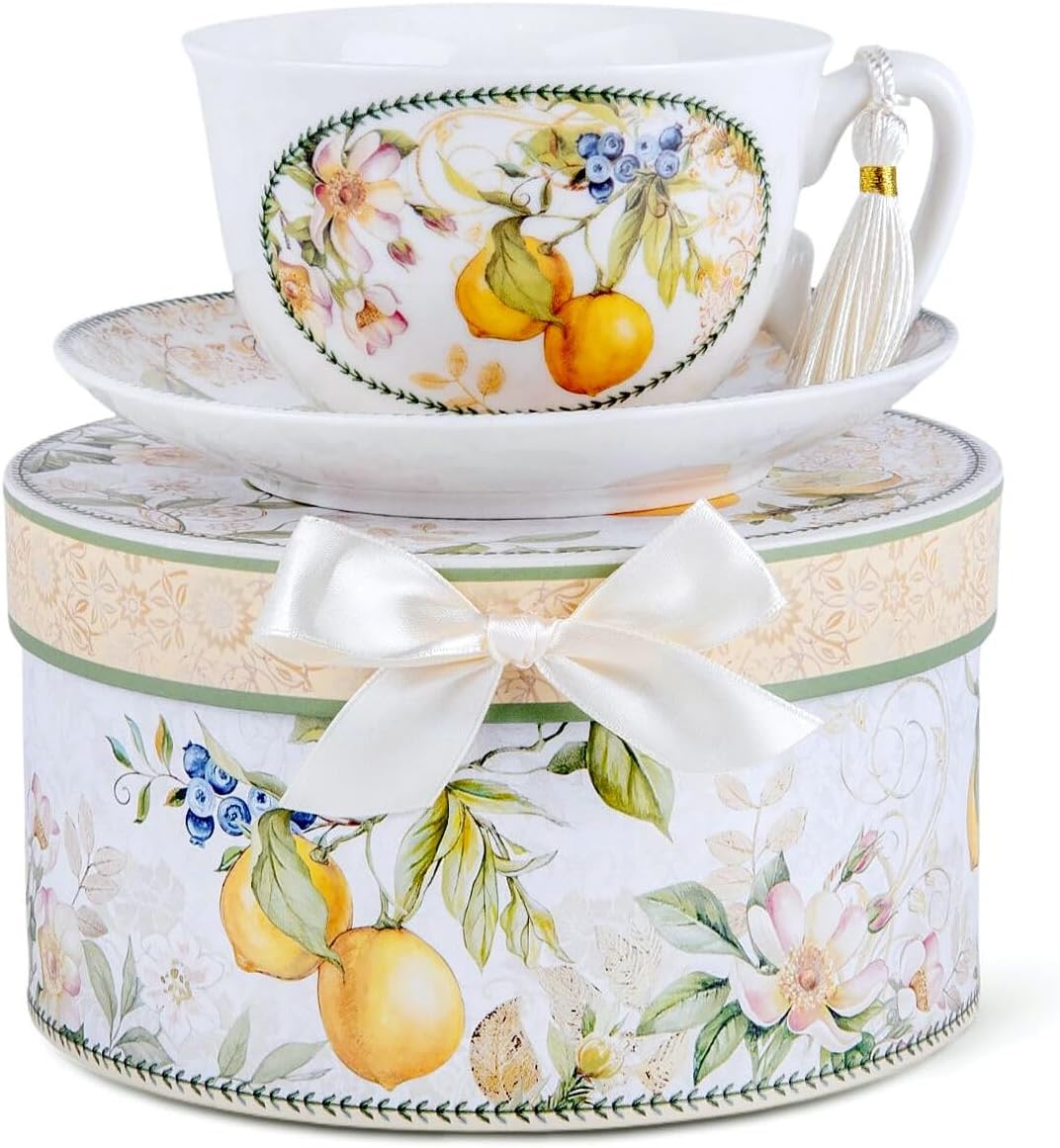 Bone China Tea/Coffee Cup and Saucer in Gift Box Fine Bone China Coffee Cup with Saucer Tea Cup Set of One (Lemon)