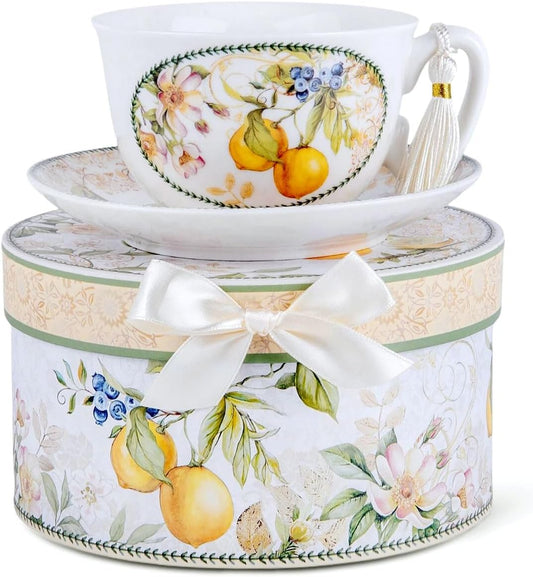 Bone China Tea/Coffee Cup and Saucer in Gift Box Fine Bone China Coffee Cup with Saucer Tea Cup Set of One (Lemon)