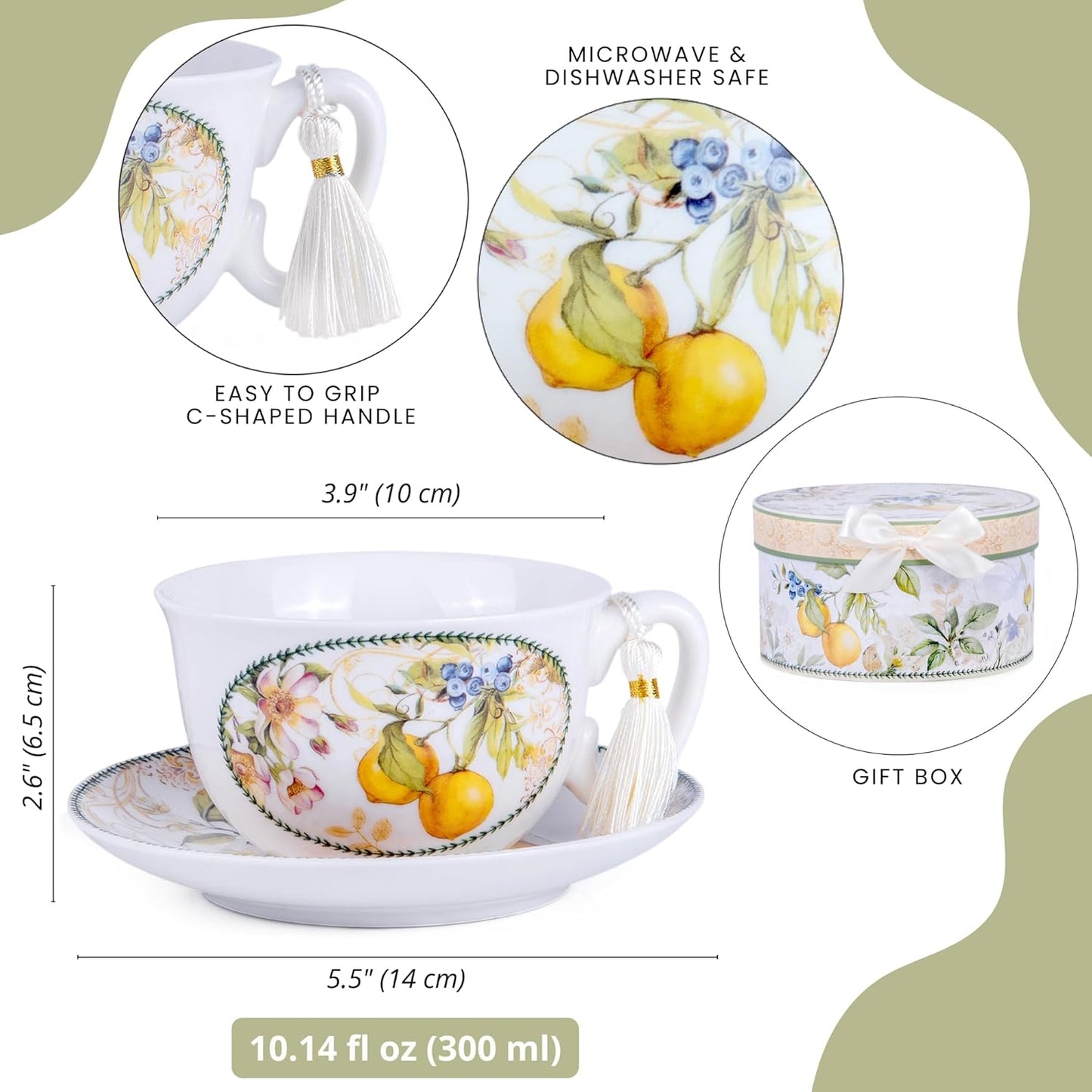 Bone China Tea/Coffee Cup and Saucer in Gift Box Fine Bone China Coffee Cup with Saucer Tea Cup Set of One (Lemon)