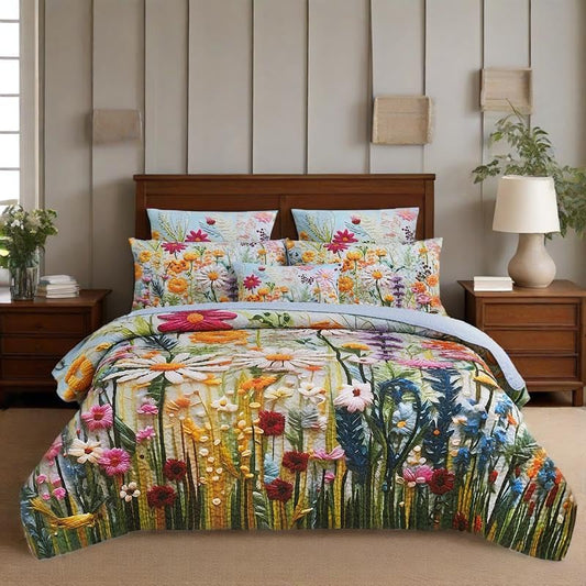 Boho Floral Quilt Set King Size, Lightweight Microfiber Bedspread Coverlet, Soft All Season Bedding with 2 Pillow Shams, Vintage Botanical Daisy Yellow Flower Pattern(Daisy Yellow, King)