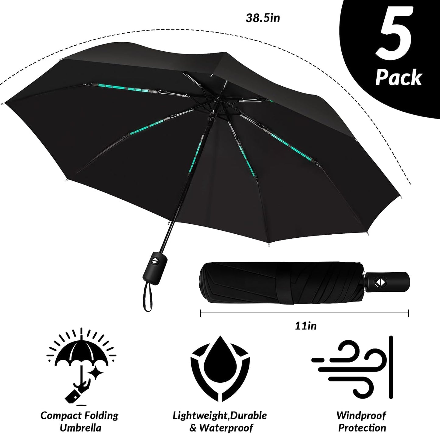 5 Pcs Travel Umbrella, Small Black Compact Umbrellas Bulk, Automatic Windproof Portable Umbrellas for Rain, Men and Women